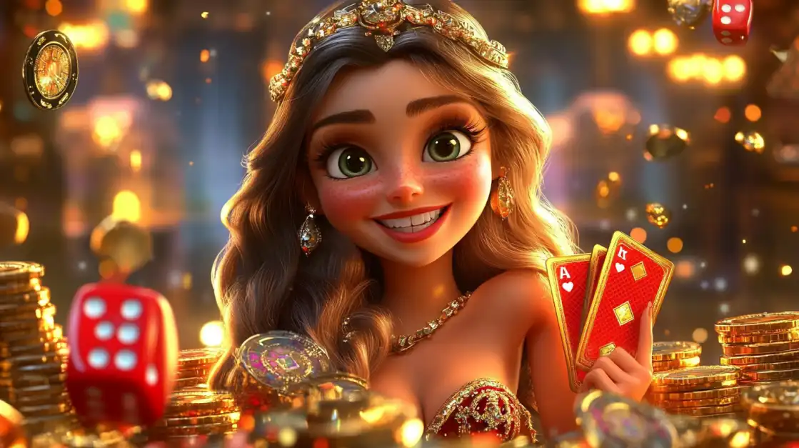 Your Fairytale Win is Waiting at BN880! A cheerful cartoon princess with a tiara holds a winning hand of cards in a casino filled with golden coins and red dice, celebrating a magical win in the enchanting world of BN880 games.