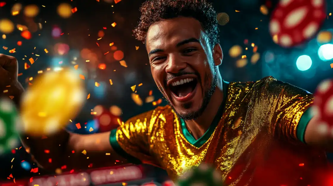 Feel the Pure Joy of Winning with BN880! An overjoyed man in a golden jersey celebrates wildly under a shower of confetti after a big win, capturing the pure excitement and thrill of winning a bet with BN880.