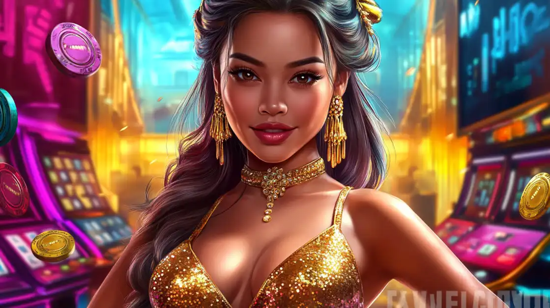 A Night of Glamour and Big Wins Awaits at BN880 A beautiful woman in a sparkling golden dress and elegant jewelry smiles in a luxurious casino, with rows of colorful slot machines and floating poker chips creating a glamorous atmosphere at BN880.