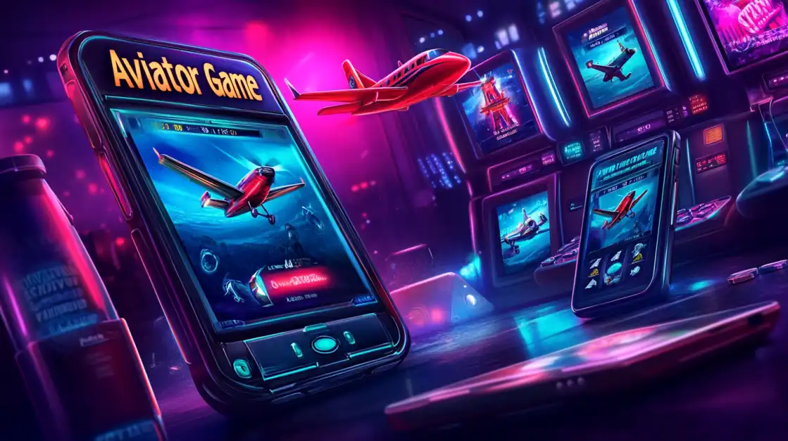 The 'Aviator Game' is displayed on multiple devices with a sleek, futuristic neon interface, featuring a red plane flying through a digital city. Experience the high-tech thrill at BN880.