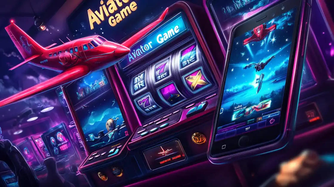 A red plane from the 'Aviator Game' flies out of a slot machine screen, with the game's interface also visible on a smartphone, showcasing the multi-platform excitement at BN880.