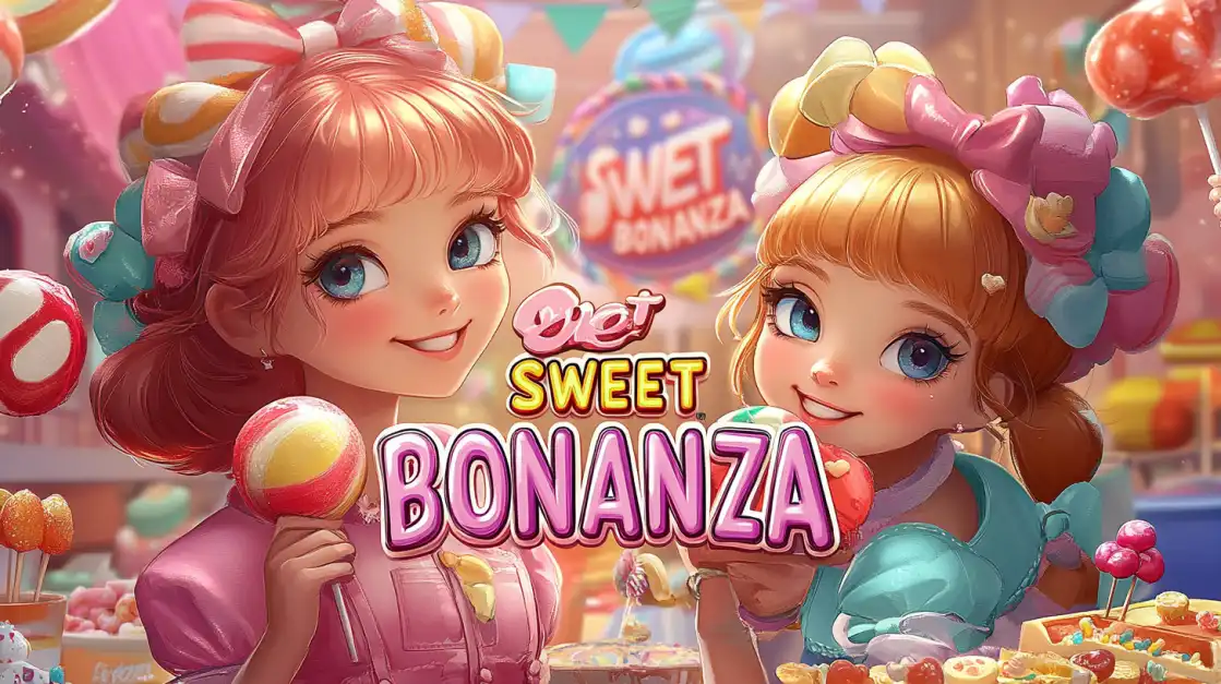 Get a Taste of Sweet Wins with Sweet Bonanza! Two adorable anime-style girls from the 'Sweet Bonanza' slot game hold lollipops in a colorful candy land, inviting you to get a taste of the sweet wins available at BN880.