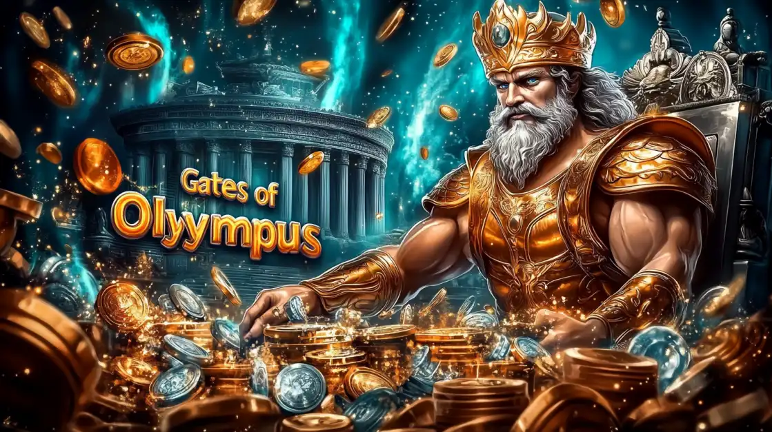 Unleash Divine Power in Gates of Olympus at BN880 The mighty Zeus in golden armor from the 'Gates of Olympus' slot sits on his throne, surrounded by piles of gold coins. Unleash divine power and win big at BN880.