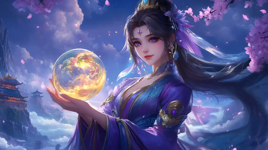 Discover Enchanting Wins in Magical Slots at BN880 A beautiful goddess in a purple gown holds a magical crystal ball in a serene landscape with cherry blossoms and pagodas, representing the enchanting Asian-themed slot games at BN880.