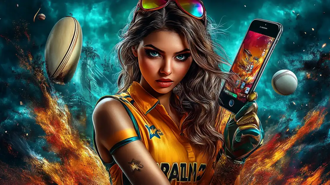 A female athlete in a yellow top and sunglasses holds a phone with the BN880 app against a fiery, epic background with a rugby ball, ready to bet on her favorite sports.