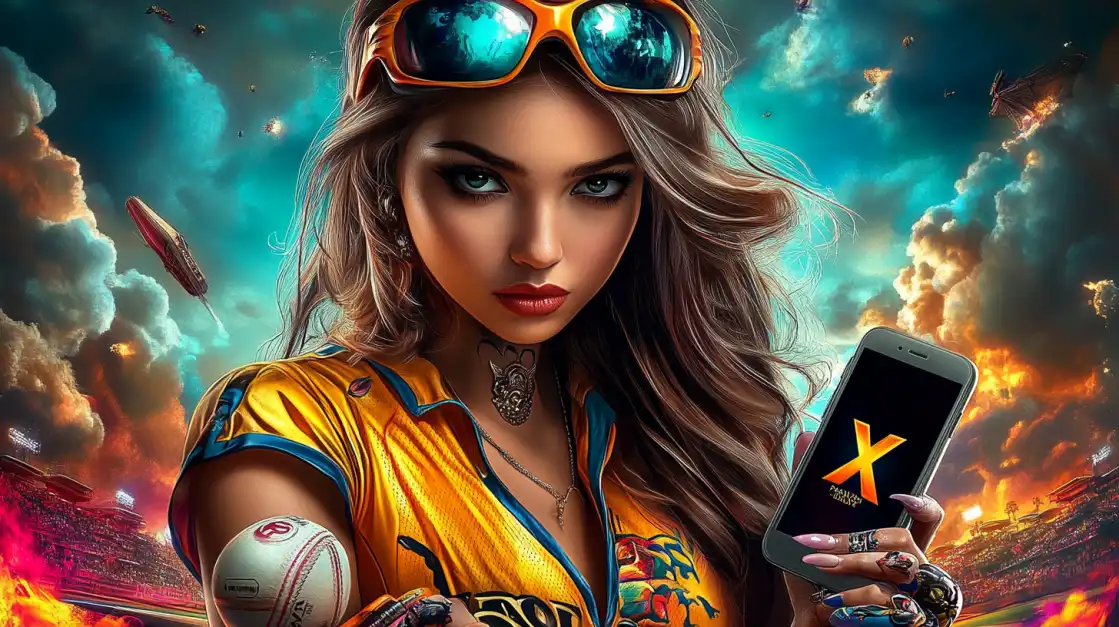 A stylish female athlete in a yellow top and sunglasses holds a phone with an 'X' on it and a baseball, ready to score a big win with the BN880 sports app.