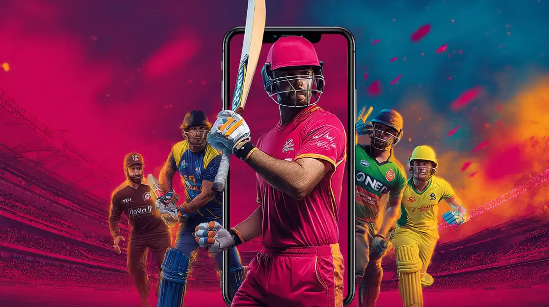 A dynamic image of cricket players in a packed stadium, with the central player framed by a smartphone screen, illustrating the immersive mobile experience of live cricket betting on BN880.