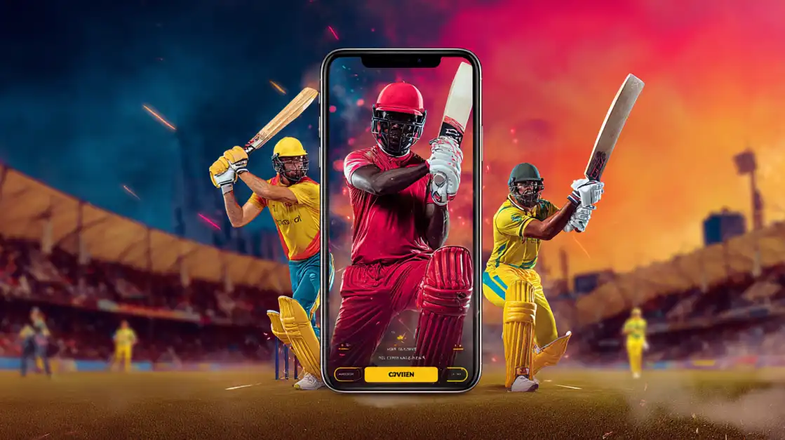 A close-up of a smartphone displaying the BN880 cricket betting app, which features a team of professional players ready for the match. Download the app for all your cricket action.