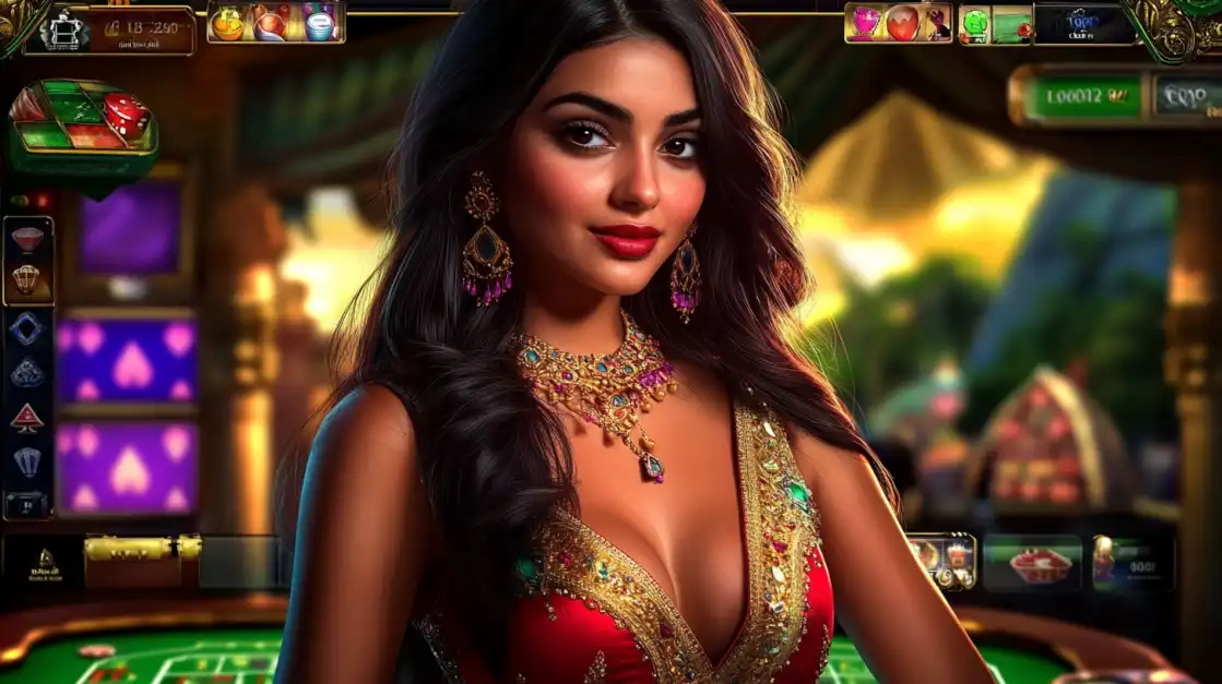 A beautiful woman in an elegant red and gold traditional outfit smiles in a luxurious casino, with a game table and slot machine interface visible, representing the rich Indian-themed games at BN880.
