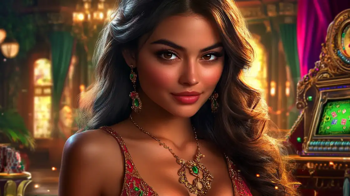 A beautiful woman with long wavy hair and a sparkling top smiles elegantly in a luxurious, warmly lit casino, with rows of exciting BN880 slot machines visible in the background.