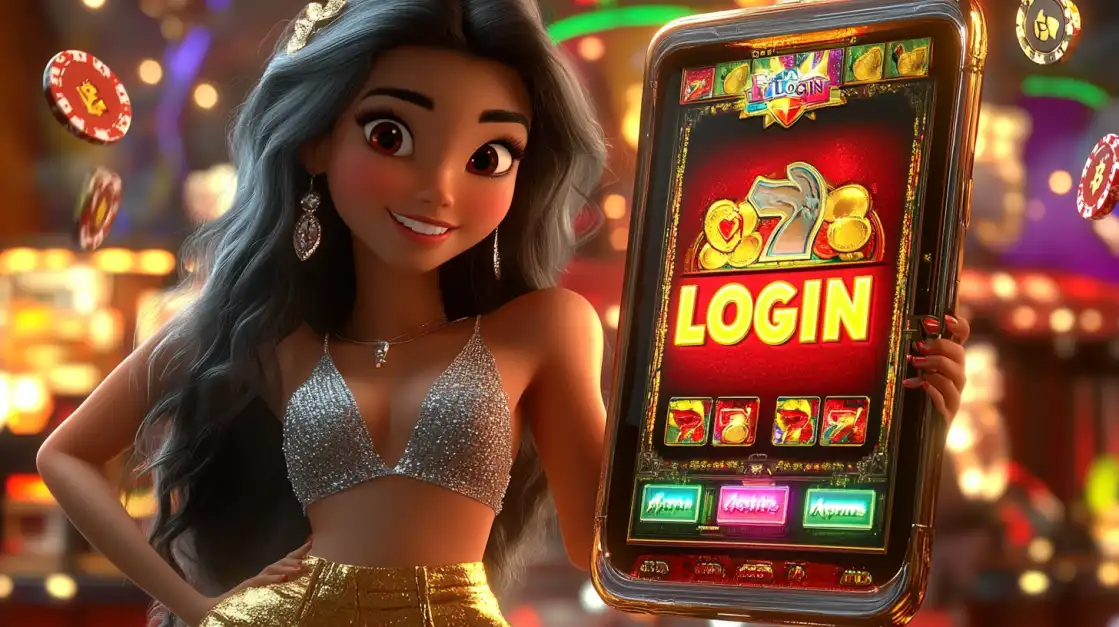 Login and Start Your Fun Adventure at BN880! A cute cartoon princess with silver hair and a golden dress stands confidently next to a bright red slot machine with a 'LOGIN' sign, ready for a fun gaming session at BN880.