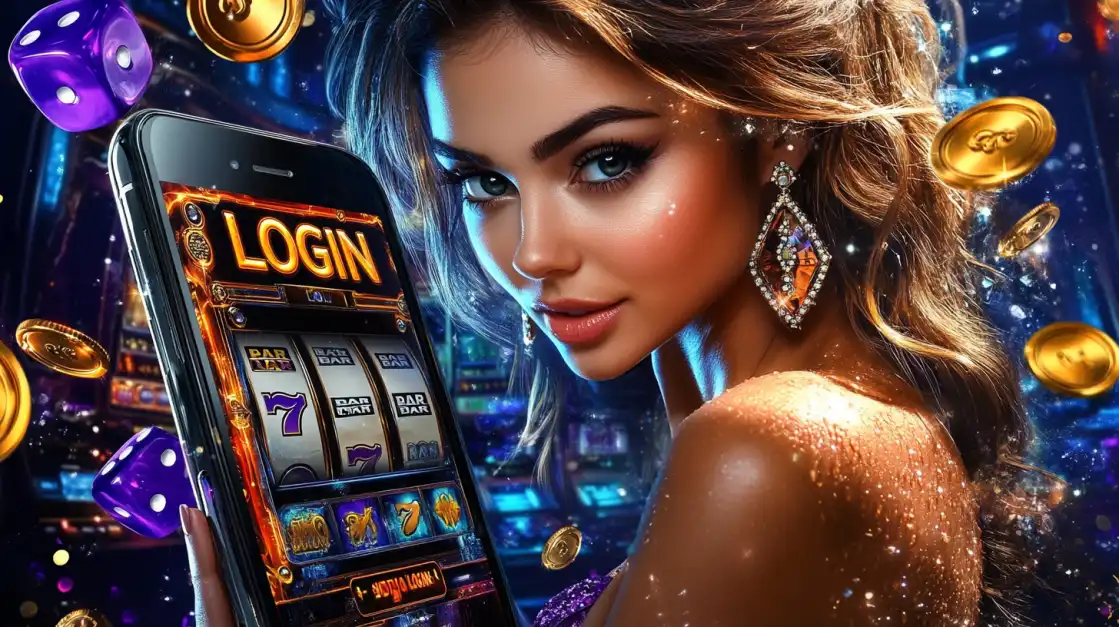 Login to a Universe of Fun and Wins at BN880 A beautiful blonde woman in a glittering dress holds a smartphone with a 777 slot game login screen, floating in a cosmic scene with dice and gold coins. Log in to BN880 for stellar wins.