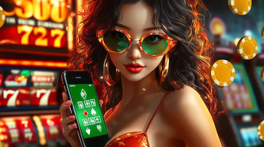 Play and Win in Style with the BN880 App A chic woman with curly hair and stylish sunglasses holds up her smartphone to show a winning hand in a poker app, inviting you to play and win at BN880.