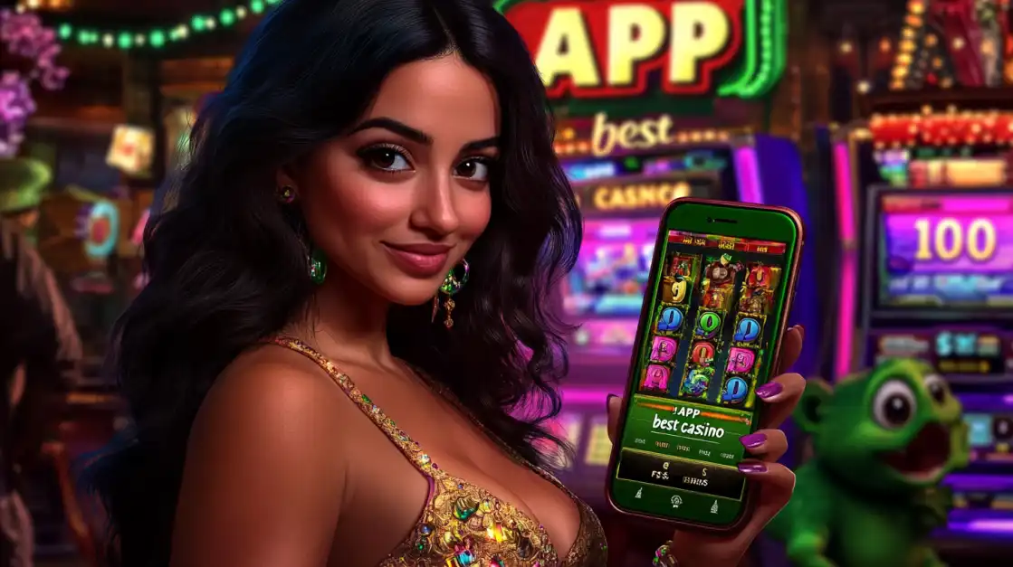 A lovely woman holds up her smartphone, showing off the 'Best Casino' games screen on the BN880 app, with a vibrant and inviting casino lounge and slot machines in the background.